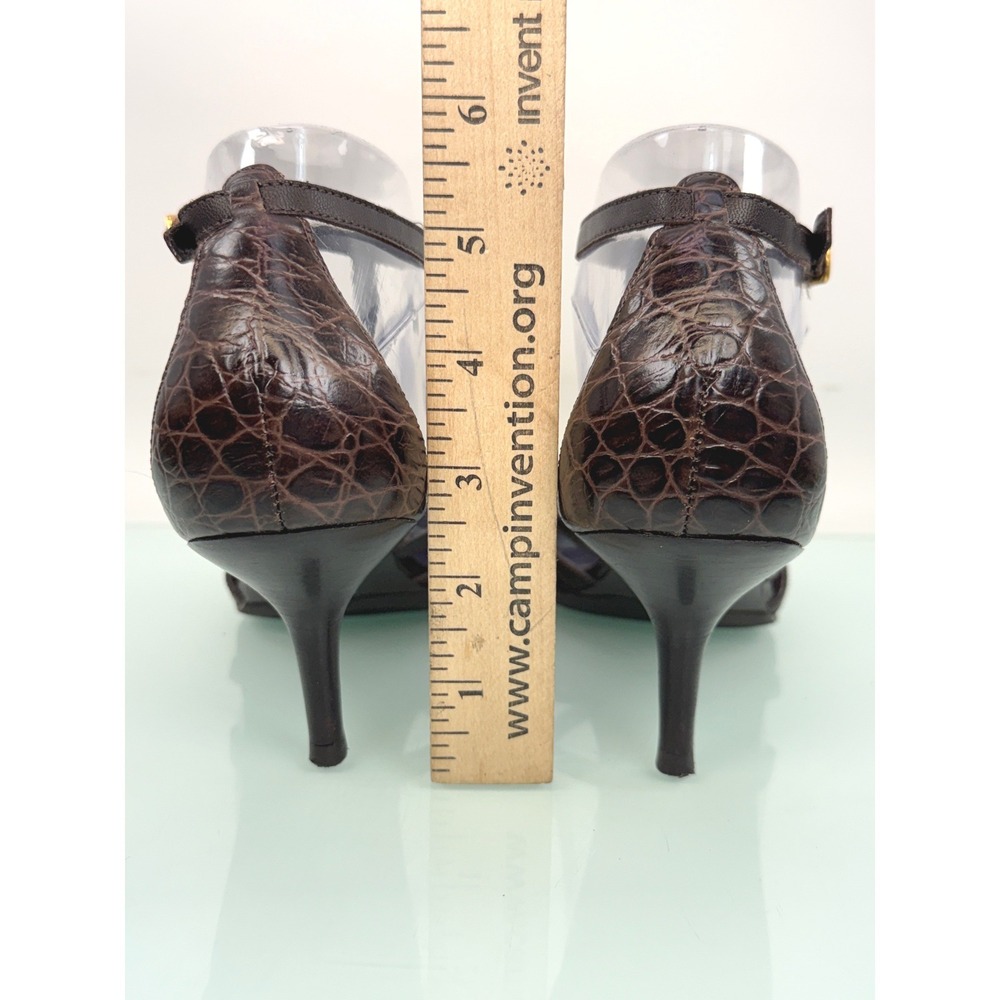 Lauren Ralph Lauren Brown Croc Embossed T Strap Kitten Heels Pointed Toe 8.5 y2k - Picture 5 of 11
